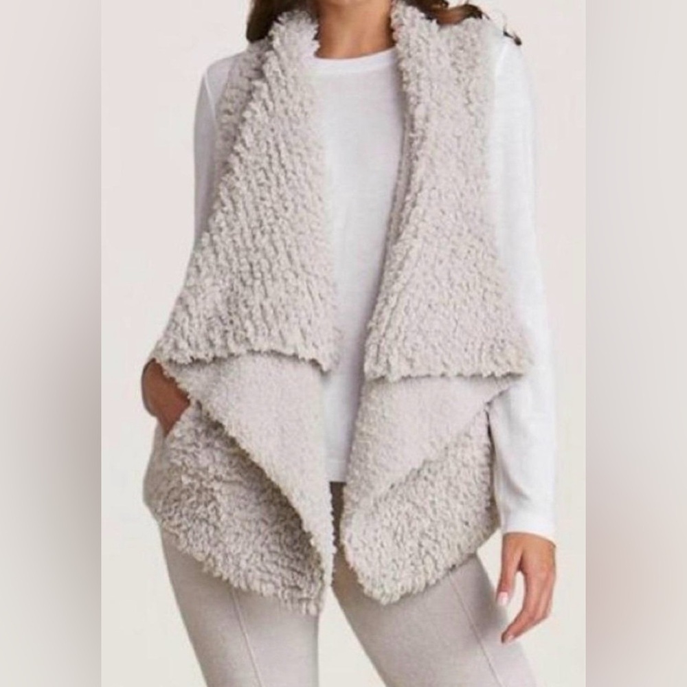 Barefoot Dreams CozyChic Sand Fuzzy Loop Fringe Cascading Vest, Size XS